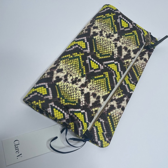 Clare Vivier Clare V. Clutch Fold Over Zip Leather Yellow Riviera Snake - Picture 1 of 6